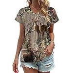 Camo Deer Camouflage Hunting Womens V Neck T Shirts Cute Graphic Short Sleeve Casual Tee Tops M