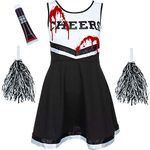 Dead Cheerleader Outfit Women with Cheerleader Pom Poms and Fake Blood - Zombie Cheerleader Halloween Costumes Adult Women - Womens Halloween Costume Adult Cheerleading Outfit Fancy Dress