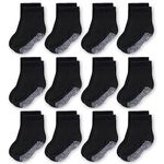 CozyWay Baby Anti Slip Crew Socks 12 Pack with Grips for Toddlers Little Boys Girls Infants Kids Non Skid (12 Pack Black, 1-3T (Shoe Size 5-9))