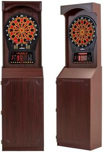 Arachnid Freestanding Cabinet Set: Includes Cricket Pro 800 regulation board in a stylish cabinet with shelves. Offers 40 games, 8-player LED scoring, tri-color Cricket, and 6 darts