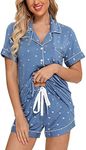 Anjue Women Pajamas Set Bride Pajamas Short Sleeve Sleepwear Button Down Lounge Sets Nightwear Soft Pjs with Pockets S-XXL, B-lake Blue Star, X-Large