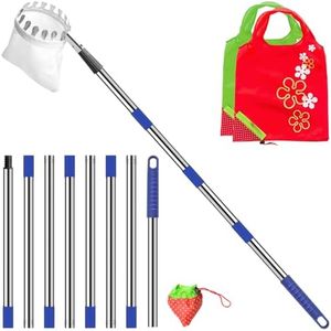 Numola Fruit Picker Pole with Basket, 10.3FT Adjustable Pole with 2 Strawberry Bags for Orange, Lemon, Avocado, Mango, Cherry, Apple, Pear, Apricot, Limes, Peach, Plums, Persimmons Tree Picker, Blue