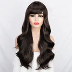 LUSH LOCKS Brown Wigs for Women Long Curly Wavy Wig with Bangs Brunette Dark Brown 24 Inch Synthetic Fiber Natural Looking Hair Wig