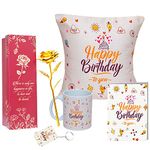 Kaameri Bazaar Satin Happy Birthday to You Gift for Mother, Birthday, Brother Combo Pack 12" X 12" Cushion Cover with Filler + Coffee Mug +Greeting Card + Key Ring + Golden Rose