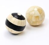 DESIGNER LIBRARY 4 Inches Sphere Flower Orbs Decoration Balls for Living Room and Home Decor Made of Mango Wood Carved by Artisan in Natural & White Finish | Pack of 2 (Checkered)