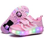 Unisex Kids LED USB Rechargeable Single Double Wheels Trainer Roller Skates Shoes Retractable Lightweight Outdoor Sports Cross Trainers Gymnastic Running Sneakers for Boys Girls