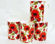 Red Poppy Mugs Set of 4 Fine Bone China Floral Poppies Cups Hand Decorated in UK