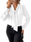 Astylish Women's Bow Tie Neck Long Sleeve White Dressy Elegant Office Work Blouse Formal Shirt for Lady Casual Fashion 2024 Flowy White Tunic Tops, Blue, Medium