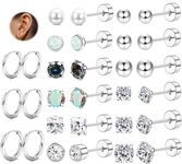 JeweBella Small Stud Earrings Surgical Steel for Women Girls Silver Hoop Earrings Opal Ball Zirconia FlatBack Earrings Sleepers Huggie Earrings Hypoallergenic Earrings Set for Multiple Piercings