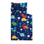 Wake In Cloud - Extra Long Nap Mat with Removable Pillow for Kids Toddler Boys Girls Daycare Preschool Kindergarten Sleeping Bag, Dinosaurs Printed on Navy Blue, 100% Cotton with Microfiber Fill