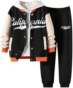 SweatyRocks Boy's 2 Piece Outfits Letter Printed Colorblock Bomber Jackets and Pants Set Black 8Y