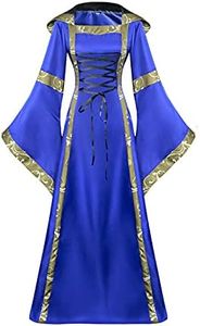 Women's Fit and Flared Long Sleeve Dresses Patchwork Cinched Waist Hooded Neck Vintage A-line Costumes Bell Sleeve Winter Cosplay Floor Length Solid Color Gown Vestidos