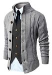 NITAGUT Mens Long Sleeve Casual Slim Fit Cardigan Cable Knitted Sweater Thermal Button Down Closure,Grey,Large