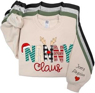 GODMERCH Nanny Claus Personalized Nickname Grandma with Kid Names on Sleeve Sweatshirt, Christmas Grandma Gifts for Nanny, Custom Nanny Gifts