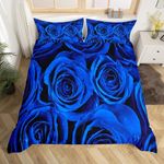 Feelyou Royal Blue Roses Beding Set for Her, Valentine's Day Decor Rose Flowers Duvet Cover Set King Size Kids Teens Girls Lovers Couple Wife Valentines Comforter Cover Floral Bedding Set 3 Pcs