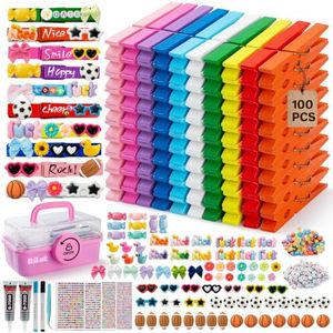 100 Cheer Pins Spirit Clips,180 Mini Resin Charms Bows Ducks Stickers, 300 Beads Cheers Decor DIY Cheer Pin Kit, Colored Clothes Wooden Cheer Pin Making Kit for Ribbon Team Classroom Cheerleader Gifts