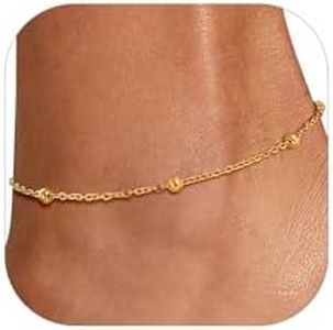 U7 Gold Chain Anklet for Women, 14k Gold Plated Round Ball Anklets, Adjustable Beaded Anklets for Women 8.5"