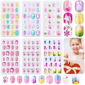 144 Pieces Kids Press on Nails Grils, Thrilez Children Fake Nails Artificial False Nail Tips Pre Glue Full Cover Short Acrylic Nails for Girls Kids Nail Art Decoration (Rainbow Sky)