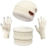 MAYLISACC Winter Knit Beanie Hat Neck Warmer Scarf and Touch Screen Gloves Set 3 Pcs Fleece Lined Skull Cap for Men Women White