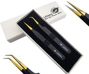 Leenax 2 Pieces Fiber Tip (Anti – Slip) Eyelash Extension Tweezers, Straight and 45-Degree Volume Tweezers, Japanese Stainless Steel, Hearts Design (Black)