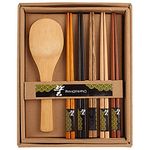 HOKIPO 5 Pairs Wooden Bamboo Chopsticks with Rice Serving Spoon