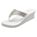 Ampeo Women's Wedge Sandals Rhinestone Thong Platform Flip Flops, C.white, 8