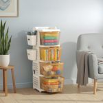 Kuber Industries 4 Tier Plastic Storage Drawer Cabinet with Side Basket/Hooks/Integrated Handle & Smooth Wheels | Modular System Rack for Storage in Home | Ivory & Golden