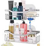 HapiRm Shower Caddy - Bathroom Organizers Adhesive Bathroom Shelf with Shower Soap Holder Design and 11 Hooks, Rustproof & Waterproof Shower Shelves Made of SUS 304 Stainless Steel, Silver