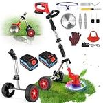 Garden Strimmer Cordless with 2 Batteries, 650W Battery Strimmer with Adjustable Wheels, Electric Telescopic Grass Trimmer with Charger and Blades, 3 in 1 Garden Tools Lawn Edger Cordless Lawnmower