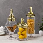 MyGift Set of 3 Antique-Theme Glass Apothecary Jars with Metallic Brass-Tone Lids