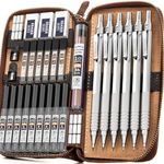 Nicpro 30PCS Art Mechanical Pencils Set in Leather Case, Metal Drafting Pencil 0.5, 0.7, 0.9 mm, 2mm Lead Holders for Sketching Drawing With 16 Tube (6B 4B 2B HB 2H 4H Colors) Refills Silver