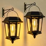 2 Pack Solar Lights Outdoor Waterproof, Woolmug Solar Lanterns Hanging Decoration, Retro Solar Wall Lights, Clear Glass Solar Garden Lights for Fence Playhouse Porch (Warm White)