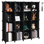 ANWBROAD Cube Storage Organizer, 16-Cube Cubby Shelving Book Shelf Living Room, Closet Clothes Organizers, Kids Toys Craft Yarn Storage with Rubber Hammer for Bedroom Office Black ULCS016B