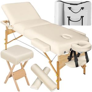 tectake® Massageliege klappbar, höhenverstellbar, Möbel und Zubehör für Massage, Tattoo oder Kosmetik, extra dick gepolstert, Zubehör 2 Lagerungsrollen, Hocker, Tasche, Aluminium Kopfstütze - beige