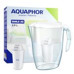 AQUAPHOR Smile Water Filter Jug - 2.9L, Fits Fridge Doors, Lightweight, Space-saving, Includes 1 x A5 350L Filter, Reduces Limescale, Chlorine, Microplastics - White