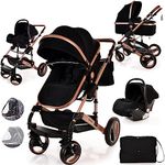 Baby Buggy Pram Pushchair Stroller 3 in 1 Child Lightweight Folding Stroller 3 in 1 Travel System Pram for Newborns & Toddlers 0-36 Months from Birth Aluminum (Black - Rose Gold Frame)