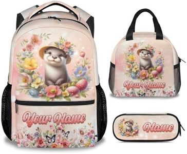 Mercuryelf Personalized Backpack for Girls, Otter 3PCS Kids Backpack Set with Lunch Bag & Pencil Case; 17 Inch Water Resistant School Bookbag for Elementary Kindergarten