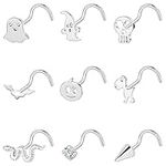 BodyAce 20G Nostril Studs Black Nose Rings, Stainless Steel Halloween Corkscrew Nose Studs L Shaped, Bats Skull Nose Piercing Jewelry for Women Men (Screw, Silver)