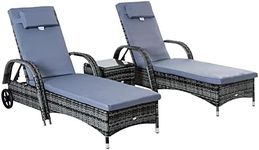 Outsunny 3 Pieces Patio Rattan Chaise Lounge Set, Outdoor PE Wicker Reclining Lounger Furniture Set, Adjustable Portable with Wheeled & Side Table, Grey