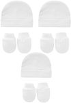 Snegyu Cotton Newborn Hospital Hat Baby Hat and Anti Scratch Mittens Set for 0-3 Months Newborn Baby Boys Girls Essentials Bonnet Infant Beanie Caps and Gloves 6pcs, White 3 Set, 0-3 Months