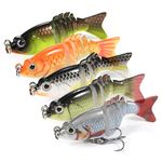 Doorslay 5pcs Fishing Lures, 3D Multi Jointed Swimbaits Slow Sinking Swimming Bait, 2.4inch 6 Segment Lifelike Artificial Topwater Hard Fishing Bait with Hooks, for Freshwater Saltwater Bass Trout