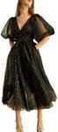 Xijun Black Sparkle Starry Tulle A-line Prom Dresses for Women Half Sleeve V-Neck Petite Bodice Evening Party Gowns Slit Tea Length Short US6