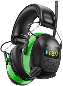 Kalence Bluetooth 5.4 AM/FM Radio Ear Protection Headphones with Backlit Digital Display/Mic, 120H Working Time, Rechargeable, 30dB Noise Reduction Safety Earmuffs for Lawn Mowing, Workshop - Green