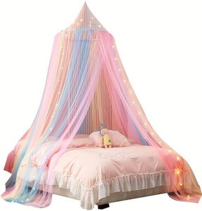 Rainbow Canopy Bed Curtains, Mosquito Net Bed Canopy for Girls, Full Queen Size from Ceiling,Dome Mosquito Netting Bed Tent Twin Girls Princess Canopy King Bed Decor