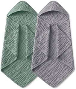 Yoofoss Hooded Baby Towels for Newborn 2 Pack 100% Muslin Organic Cotton Baby Bath Towel with Hood for Babies, Infant, Toddler and Kids,37.5"x37.5",Soft and Absorbent Newborn Essential,Grey&Dark Green