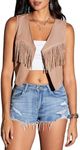 Verdusa Women's Rhinestone Fringe Crop Vest Sleeveless Open Front Cardigan Jacket Khaki Pink Small