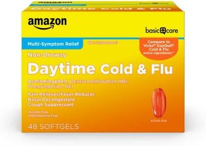 Amazon Basic Care Daytime Cold and Flu Relief Liquid Caps Softgel, Non-Drowsy Cold Medicine, Relief of Pain, Fever, Cough, Sore Throat, Nasal Congestion, 48 Count