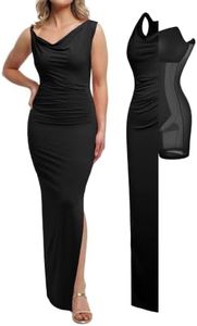 Popilush Formal Dresses for Women - Shapewear Cowl Neck Maxi Ruched Bodycon Gowns with Slit - Prom Dress for Wedding Guest Black