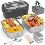 Electric Lunch Box Food Heater - 80W Fast Heating Lunch Box (12V/24V/110V) - Dual 1.5L SS Containers - Portable Food Warmer for Car, Truck, Office, Travel Use - Ideal for Men, Women, Adults