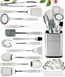 Kitchen Utensils Set - Non-Stick Heat Resistant Cooking Utensils Set - Spoons Turners Spatula Ladle Set - Kitchen Tools Gadgets Accessories (32 pcs Stainless Steel Set)